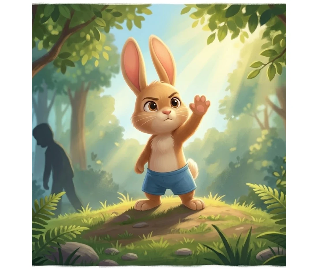 Dans la forêt, Lumi lève la main pour dire stop.